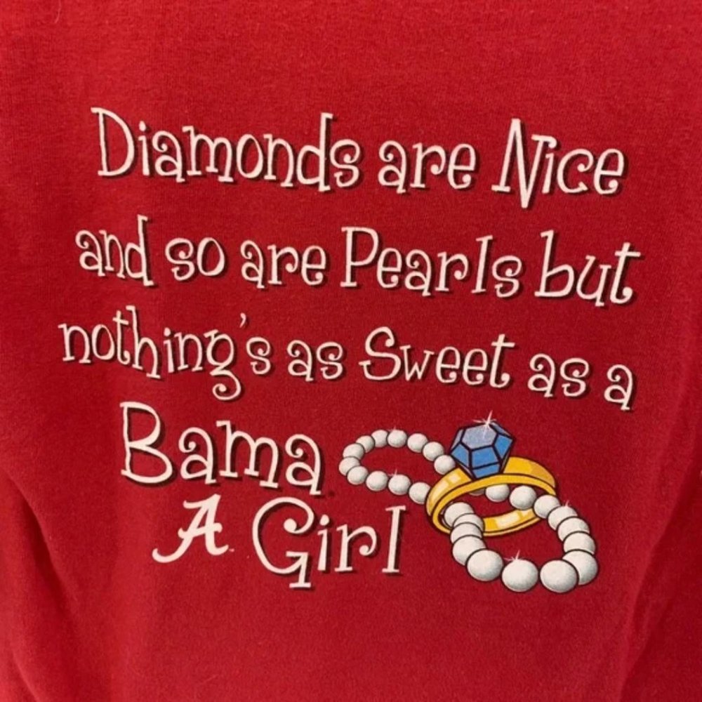 L Alabama T-shirt pearls preloved excellent BAMA girl Roll Tide crimson Viatran - Picture 6 of 7